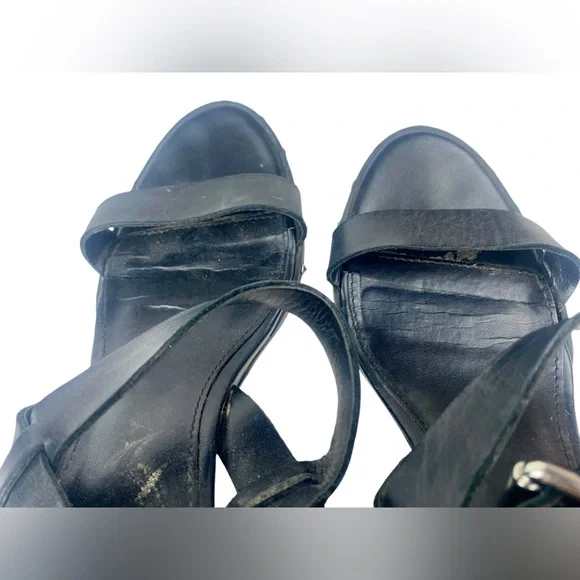 Marc Fisher Black Leather Madaya Studded Wedge Ankle Wrap Sandals Size 8.5 - Picture 5 of 10